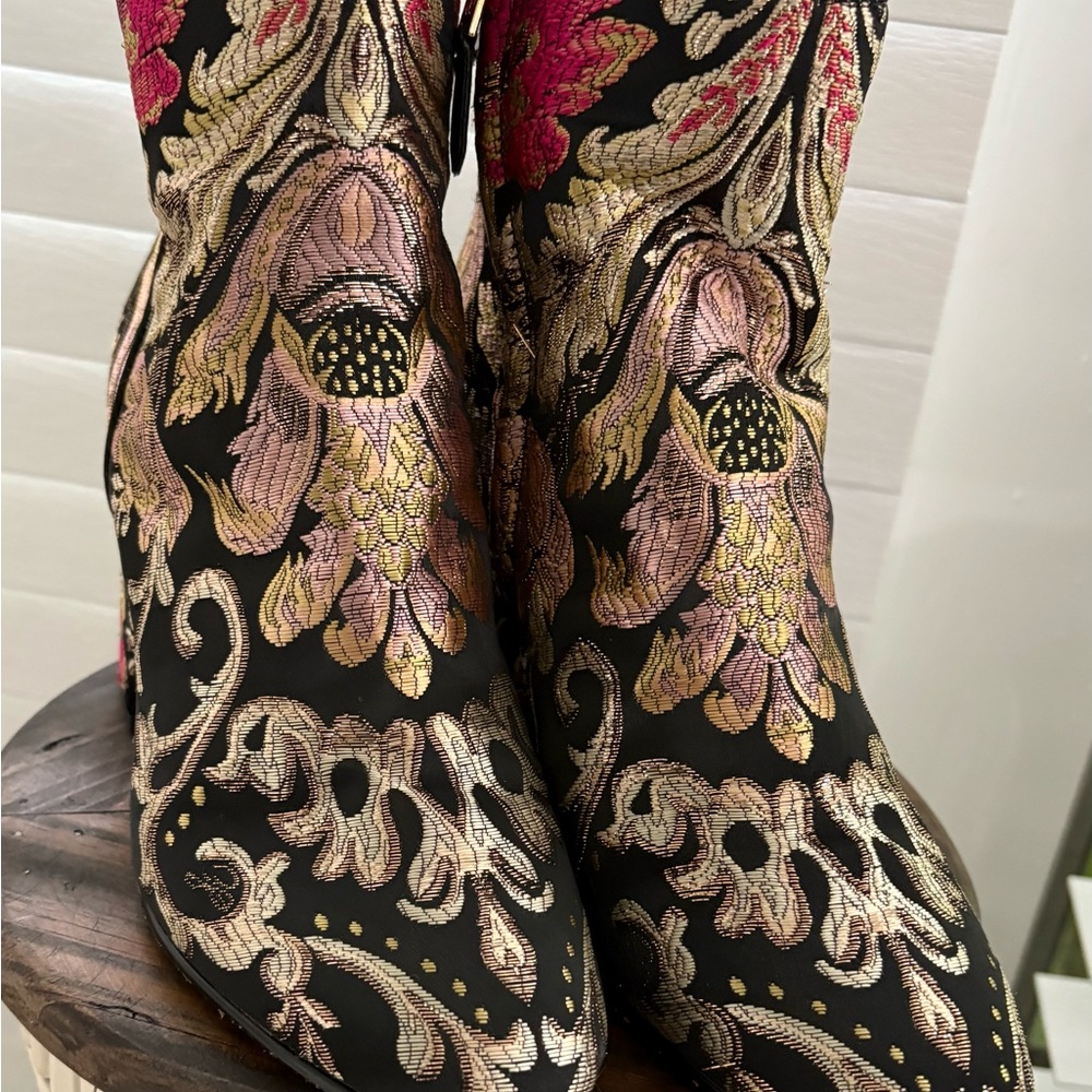 Sam Edelman Black and Gold Floral Heeled Boots